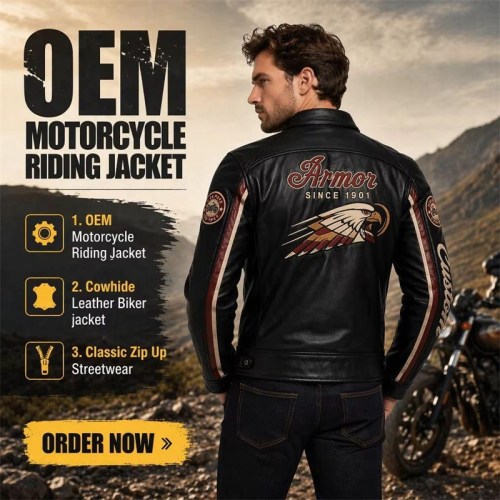 Custom Men's Black Cowhide Leather Biker Jacket with Embroidered & Applique Detailing, Streetwear