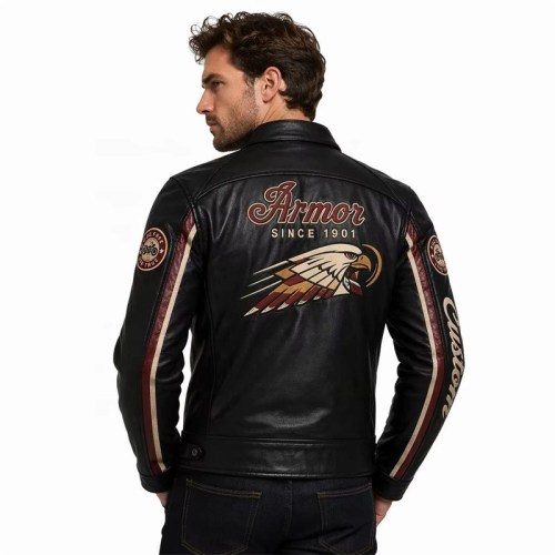 Custom Men's Black Cowhide Leather Biker Jacket with Embroidered & Applique Detailing, Streetwear