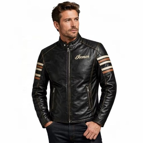 Custom Men's Cowhide Leather Biker Jacket with Distressed Detailing