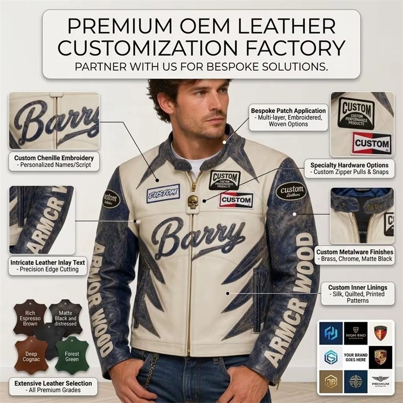 Custom Men's Leather Moto Jacket with Embroidered & Applique Detailing