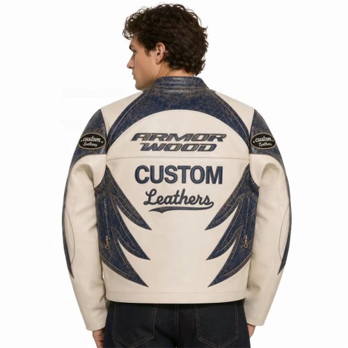 Custom Men's Leather Moto Jacket with Embroidered & Applique Detailing