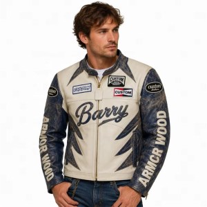Custom Men's Leather Moto Jacket with Embroidered & Applique Detailing