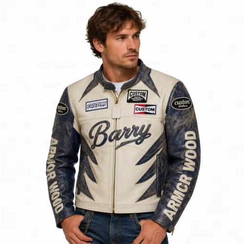 Custom Men's Leather Moto Jacket with Embroidered & Applique Detailing