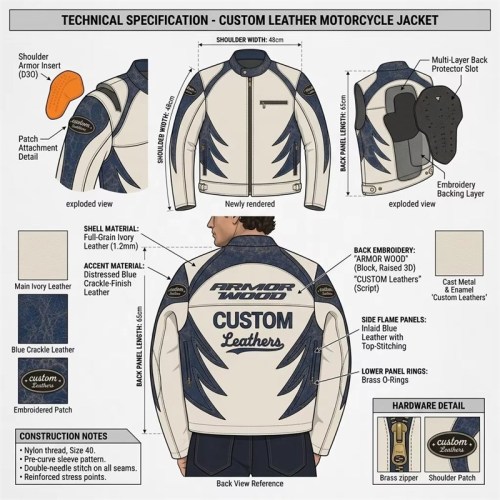 Custom Men's Leather Moto Jacket with Embroidered & Applique Detailing