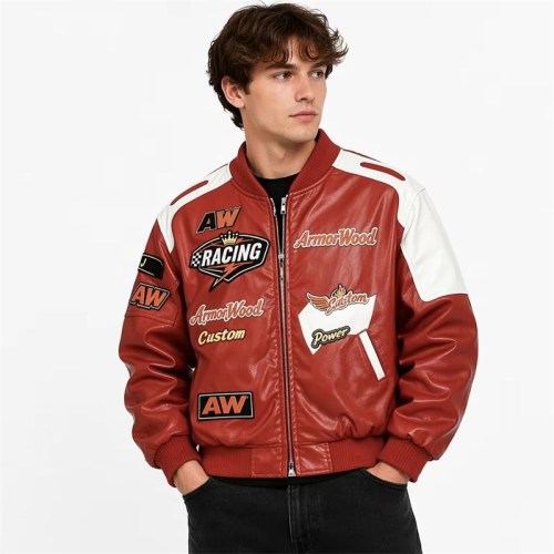 Custom Men's Red Leather Racer Jacket with Embroidered & Applique Detailing, Streetwear