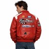 Custom Men's Red Leather Racer Jacket with Embroidered & Applique Detailing, Streetwear