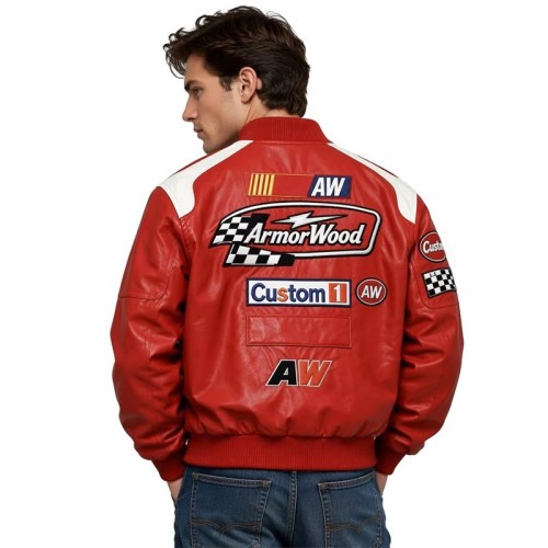 Custom Men's Red Leather Racer Jacket with Embroidered & Applique Detailing, Streetwear