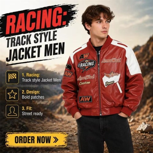 Custom Men's Red Leather Racer Jacket with Embroidered & Applique Detailing, Streetwear