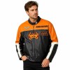 Custom Men's Black & Orange Leather Racer Jacket with Embroidered & Applique Detailing