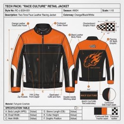 Custom Men's Black & Orange Leather Racer Jacket with Embroidered & Applique Detailing