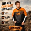 Custom Men's Black & Orange Leather Racer Jacket with Embroidered & Applique Detailing