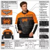 Custom Men's Black & Orange Leather Racer Jacket with Embroidered & Applique Detailing
