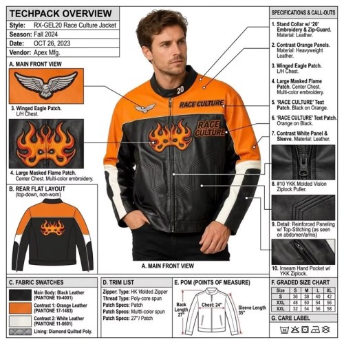 Custom Men's Black & Orange Leather Racer Jacket with Embroidered & Applique Detailing
