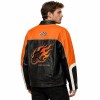 Custom Men's Black & Orange Leather Racer Jacket with Embroidered & Applique Detailing