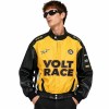 Custom Men's Yellow Leather Racer Jacket with Embroidered & Two Tone Detailing