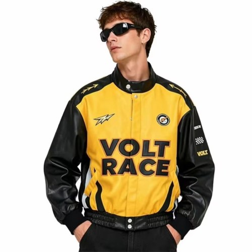 Custom Men's Yellow Leather Racer Jacket with Embroidered & Two Tone Detailing
