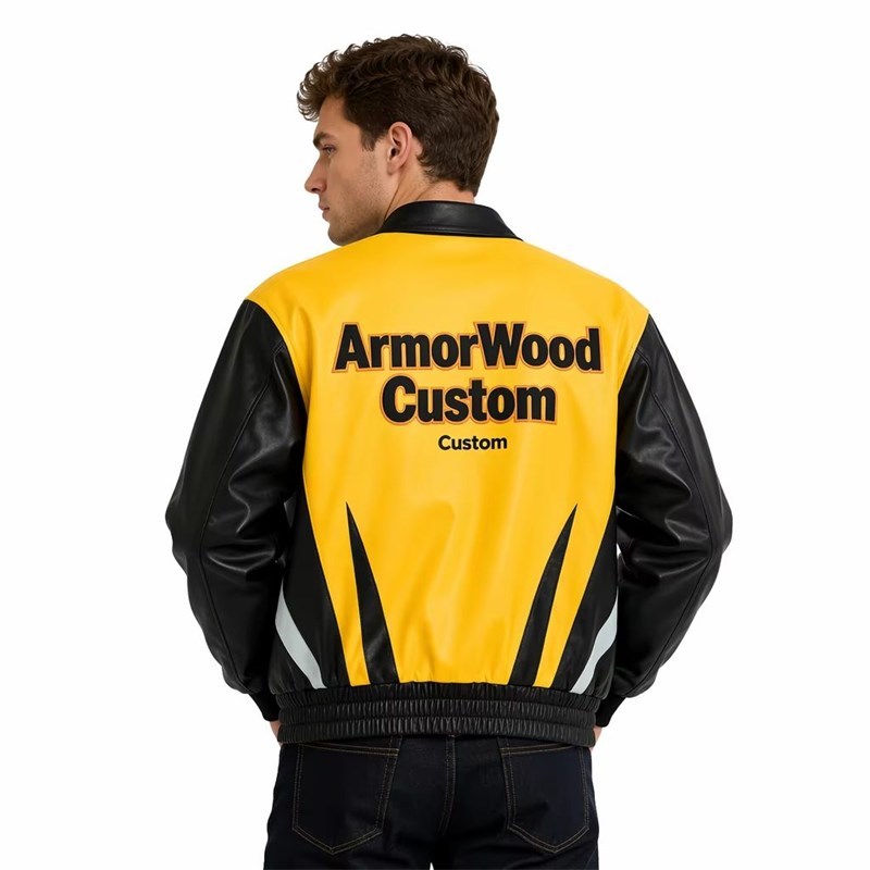 Custom Men's Yellow Leather Racer Jacket with Embroidered & Two Tone Detailing