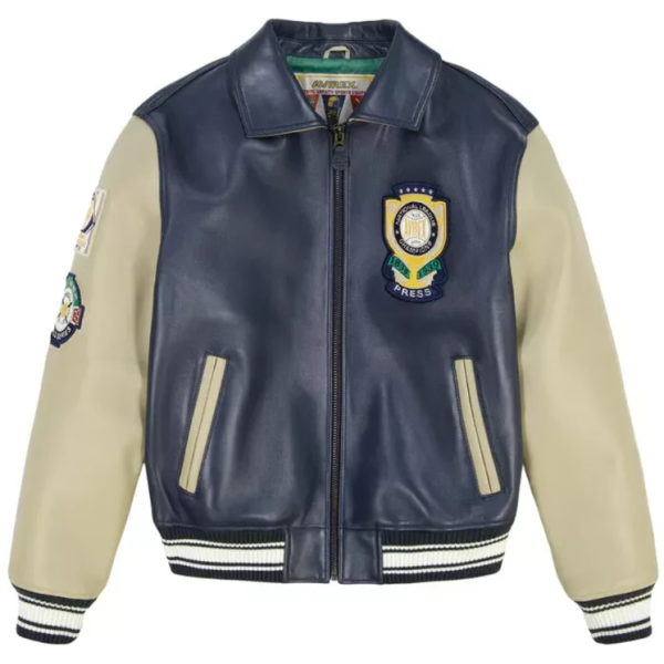 Chaqueta de motociclista personalizada con logotipo bordado de cuero genuino, estilo bomber universitario para hombre