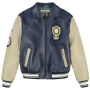 Chaqueta de motociclista personalizada con logotipo bordado de cuero genuino, estilo bomber universitario para hombre