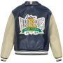 Chaqueta de motociclista personalizada con logotipo bordado de cuero genuino, estilo bomber universitario para hombre