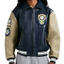 Chaqueta de motociclista personalizada con logotipo bordado de cuero genuino, estilo bomber universitario para hombre