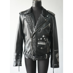 Men's Custom Genuine Leather Jacket High Street Rivet Design Motorcycle Biker Jacket