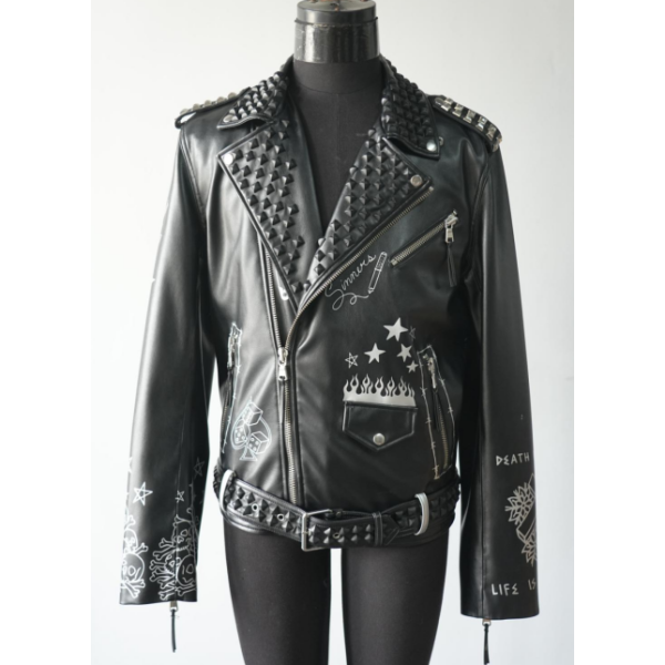 Chaqueta de cuero genuino personalizada para hombre, diseño de remaches de estilo urbano, chaqueta de motociclista