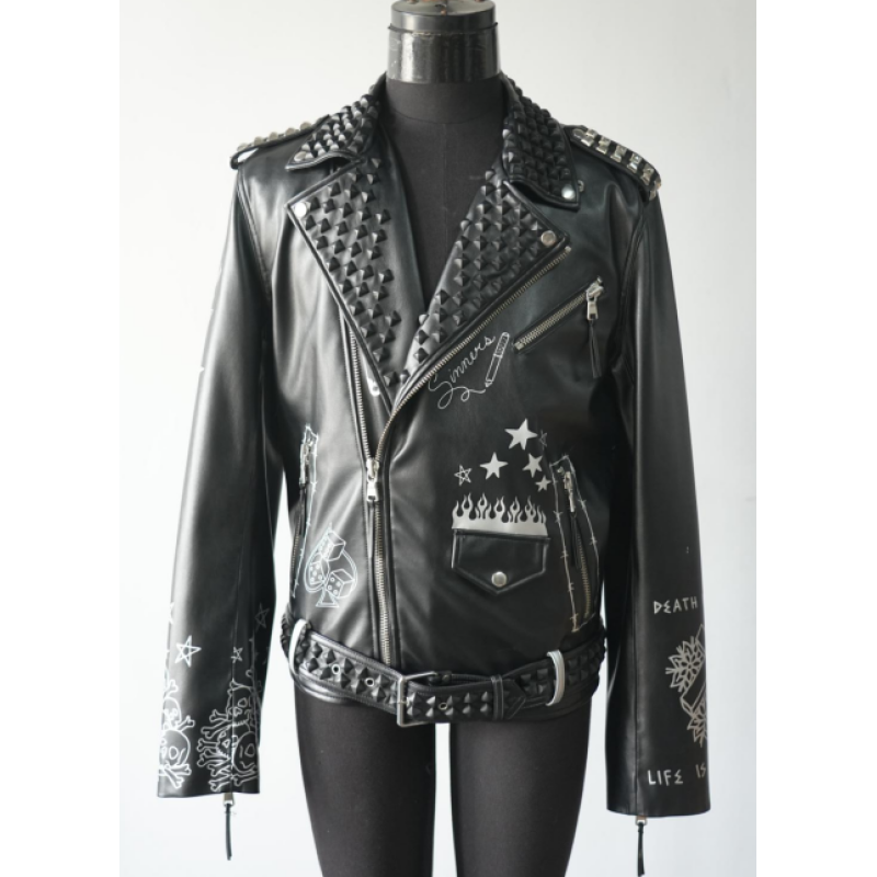 Men's Custom Genuine Leather Jacket High Street Rivet Design Motorcycle Biker Jacket