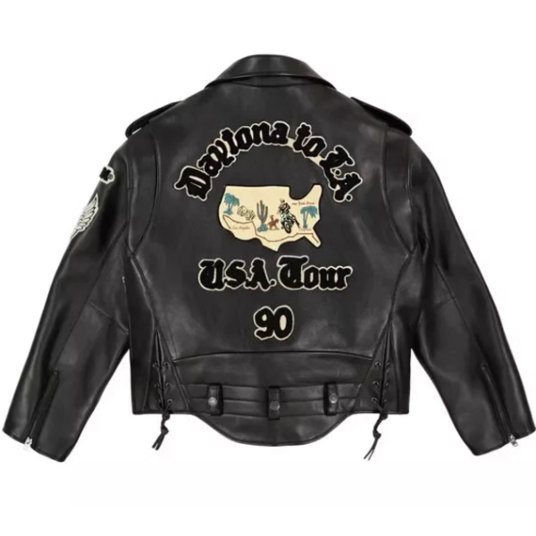 Chaqueta de motociclista de carreras de cuero genuino vintage hecha a medida para hombre, bordada con parches de chenilla.