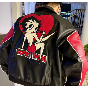 Maßgeschneiderte Stickerei-Cartoon-Patches Letterman PU-Lederjacken