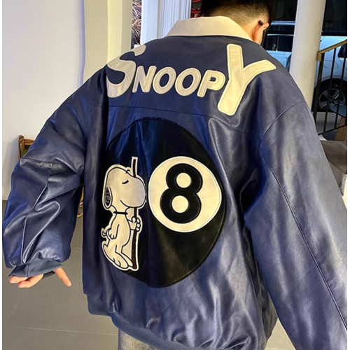 Custom Embroidery Snoopy Cartoon Patches Letterman PU Leather Men's Motorcycle Biker Jackets