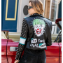 Chaqueta de cuero punk para mujer, con remaches y estampado, estilo motociclista urbano.
