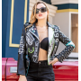 Chaqueta de cuero punk para mujer, con remaches y estampado, estilo motociclista urbano.