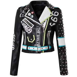 Frauen Punk Lederjacke genietet bedruckt High Street Motorrad Bikerjacke für Damen