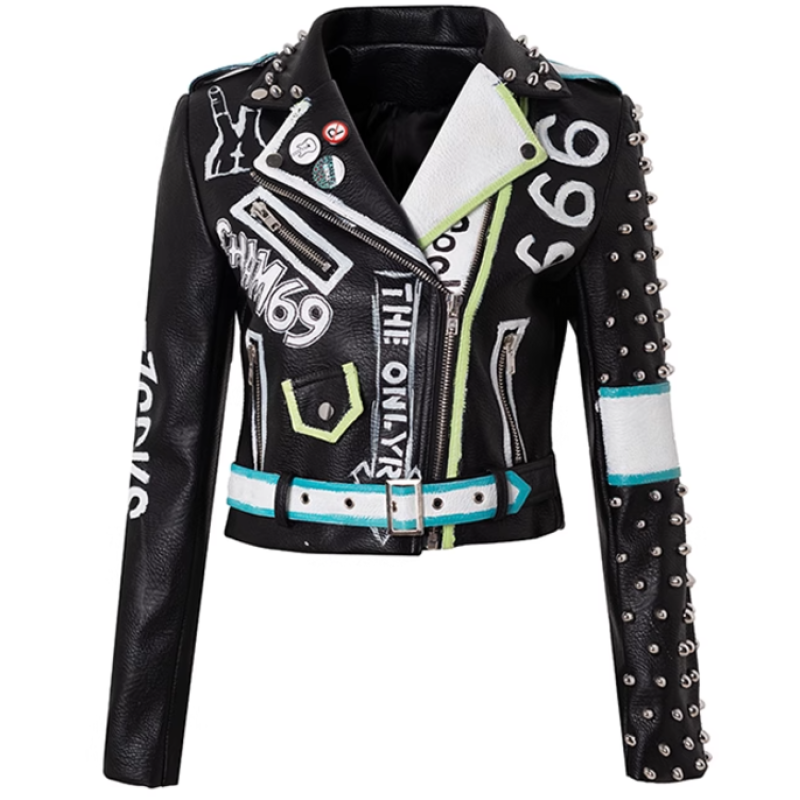 Women Punk Leather Jacket  Riveted Printed High Street Motorcycle Biker Jacket For Ladies
