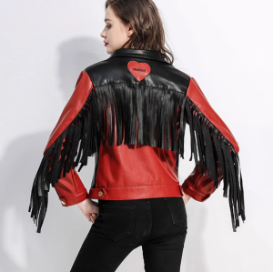 New Arrival Women Stylish Fringed Patchwork Motorcycle  Biker PU Leather Jacket