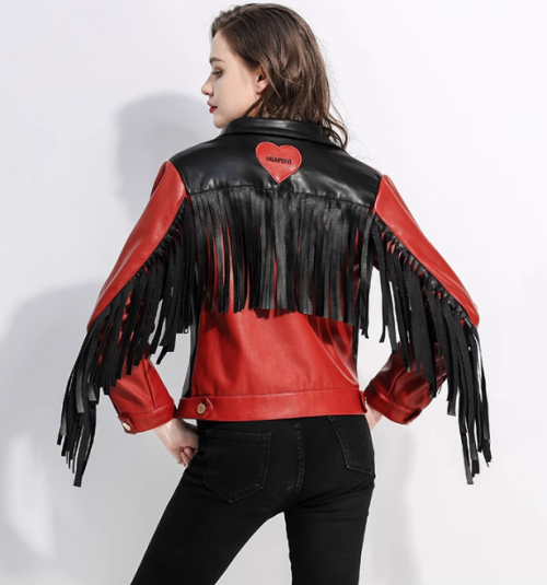 New Arrival Women Stylish Fringed Patchwork Motorcycle  Biker PU Leather Jacket