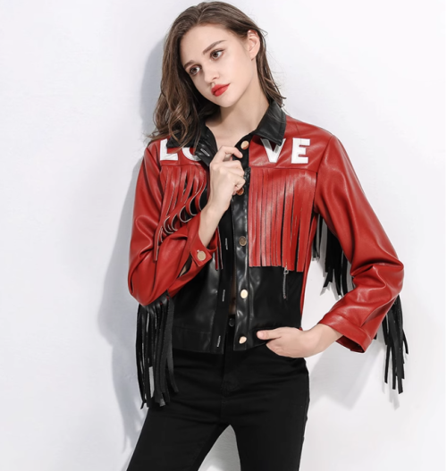 New Arrival Women Stylish Fringed Patchwork Motorcycle  Biker PU Leather Jacket