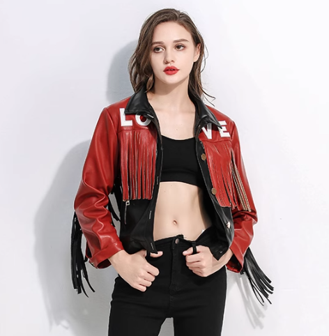 New Arrival Women Stylish Fringed Patchwork Motorcycle  Biker PU Leather Jacket