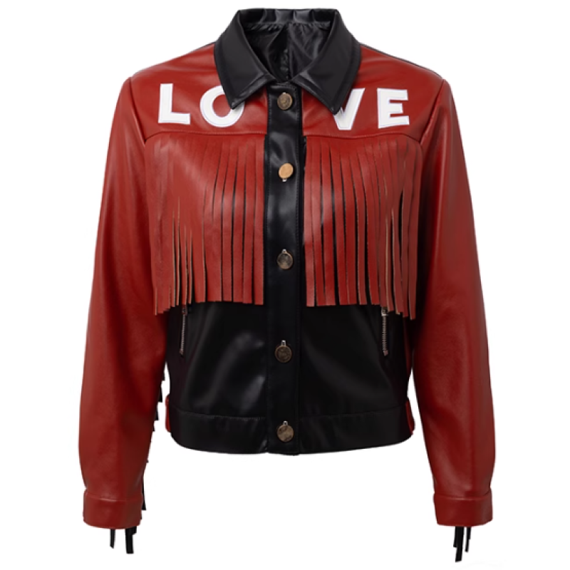 New Arrival Women Stylish Fringed Patchwork Motorcycle  Biker PU Leather Jacket
