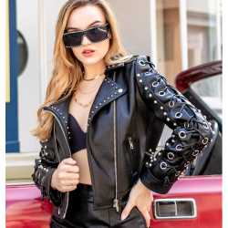 Short Printed Rivet  Biker Jacket Women PU Leather Jacket OEM  Service