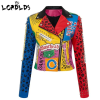 New Arrival Women Printed Graffiti PU Leather Motorcycle Biker Jacket