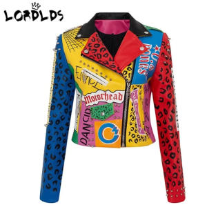 New Arrival Women Printed Graffiti PU Leather Motorcycle Biker Jacket