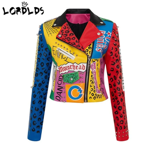 New Arrival Women Printed Graffiti PU Leather Motorcycle Biker Jacket
