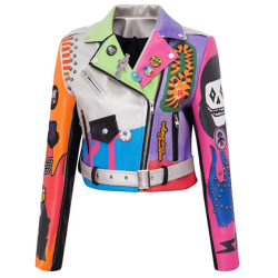 OEM Women Badge Rivet Graffiti PU Motorcycle Leather Biker Jacket For Ladies
