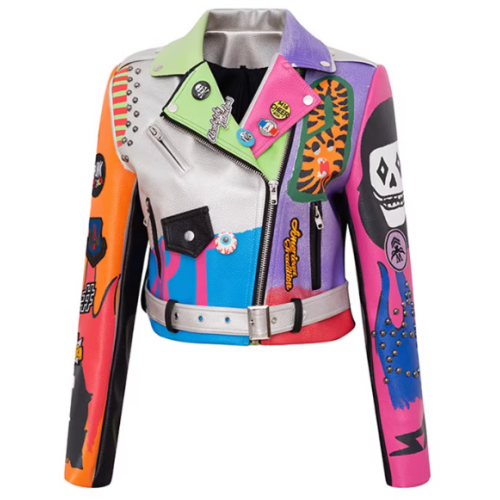 OEM Women Badge Rivet Graffiti PU Motorcycle Leather Biker Jacket For Ladies