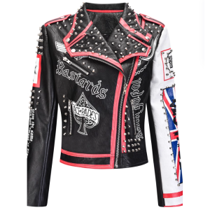 OEM ROCK Style Rivet Punk PU Leather Biker Jacket For Women