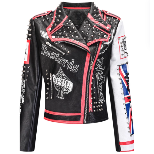 OEM ROCK Style Rivet Punk PU Leather Biker Jacket For Women