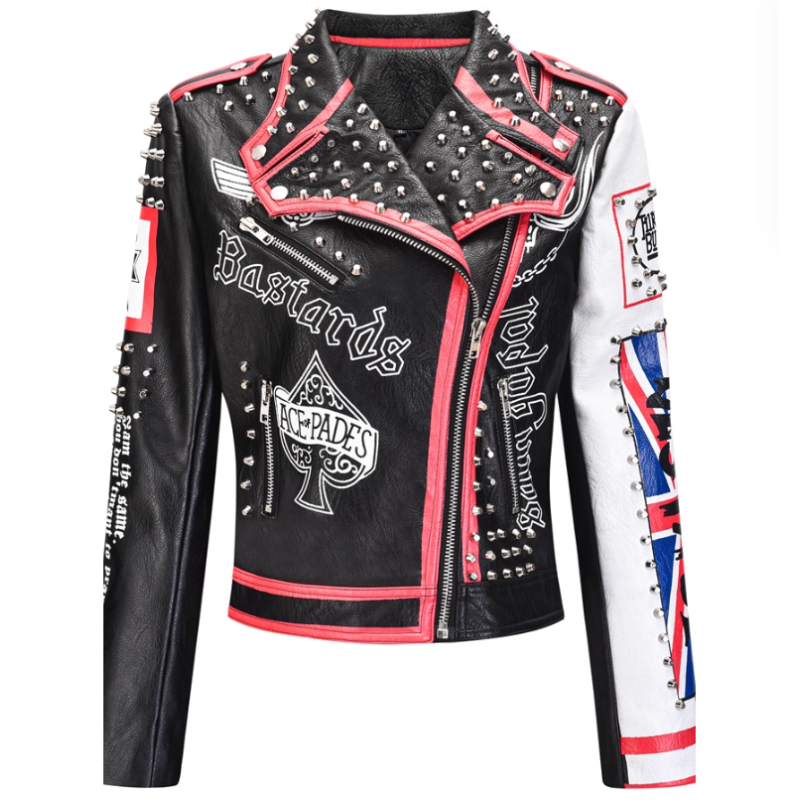 OEM ROCK Style Rivet Punk PU Leather Biker Jacket For Women