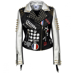 PUNK Fashion Printed PU Leather Biker Jacket For Women